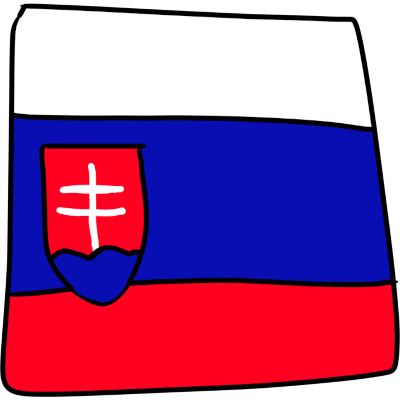  a white, blue, and red flag with a shield insignia on it. The shield has a white cross shape with two horizontal bars instead of one. .